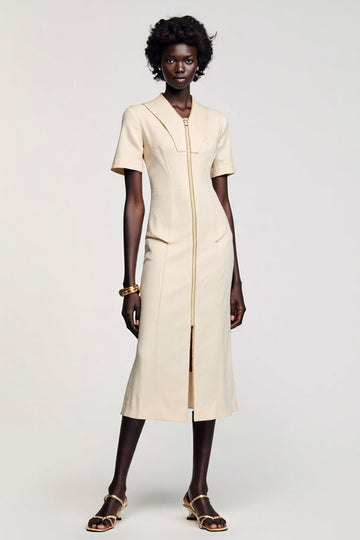 Apricot Sheath Tea Length Wedding Guest Dress